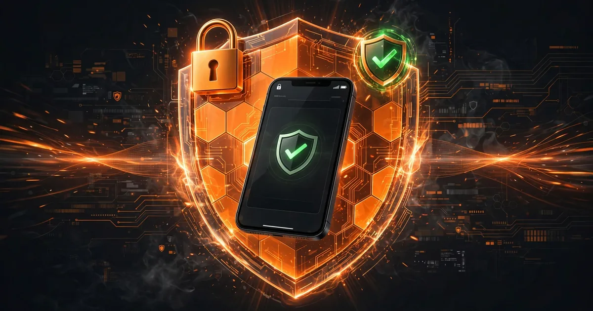 Security shield icon over Free Fire macro panel app on phone
